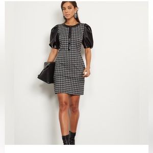 NWT NY&CO Houndstooth Faux Leather-Trim Puffed Short Sleeve Sheath Dress $79.95